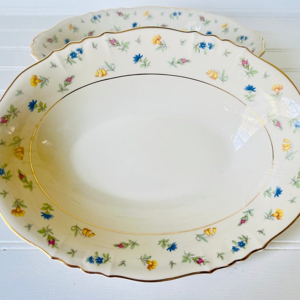 Syracuse China Suzanne Pattern Serving Bowls, Small Flowers in Blue, Yellow and Pink on Rim with Gold Trim, Made in the United States