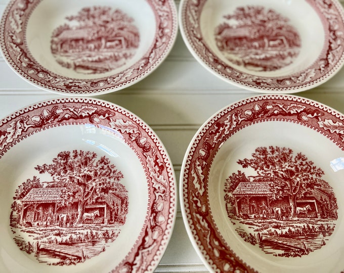 Vintage Red White Dishes Memory Lane by Royal Set of Four Rimmed Soup