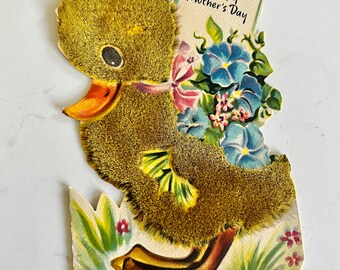 Vintage Mother's Day Card from Child Flocked Duck Anthropomorphic With Flowers and Sign, Signed No Envelope, Mothers Day Card From Child