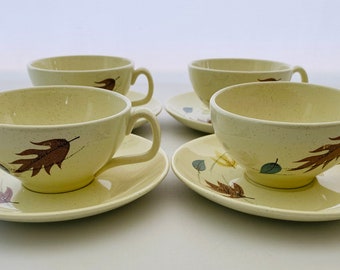 Franciscan Autumn Leaves Dinnerware Set of Four Tea Cups and Saucers, Made In California, Pretty Brown Yellow Green & Blue Leaf Pattern