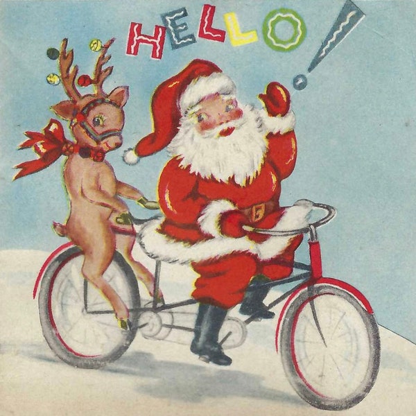 Vintage Mid Century Christmas Card Santa on a Bicycle on Blue Background Circa 1950s MCM Retro Christmas Garland Display