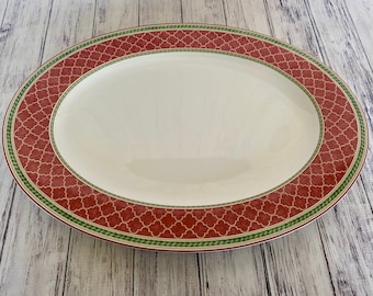 Fitz and Floyd Sonoma Pattern Large 17" Serving Platter, Coral & Green, Leaves and Grapes, Pretty Arabesque Pattern Band Unused Condition