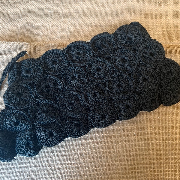 Vintage Black Crocheted Purse Gorgeous Handmade Black Cotton 1940s Clutch Handbag in Excellent Condition with Zippered Closure Corde Crochet