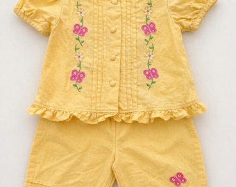 Vintage Baby Outfit ~ Tumble Bears Yellow Linen Cotton 2 Piece Set 12 Months Butterfly Embroidery,