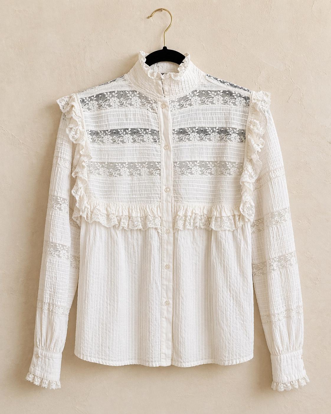 シャツ/ブラウス(長袖/七分) antique blouse with crochet and pintucks Huuilaibazoo Women Elegant Party Shirts Lace Crochet Long Sleeve