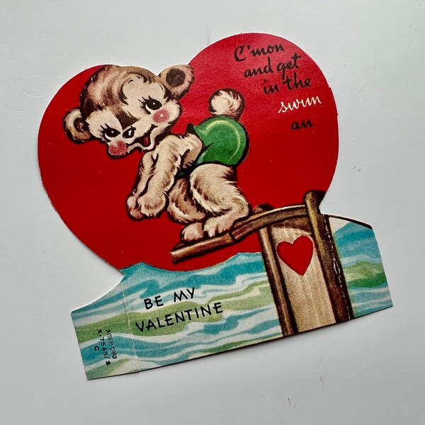 Vintage Child's Valentine 1950s Easel Style Anthropomorphic Puppy Dog on a Diving Board, Collectible Childs School Days Valentine Ephemera