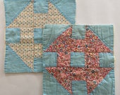 Two Vintage Quilt Squares 1940s Feedsack Fabric Hole In the Barn Door Hand Pieced Hand Quilted Great For Pillows Basket Liners Hanging