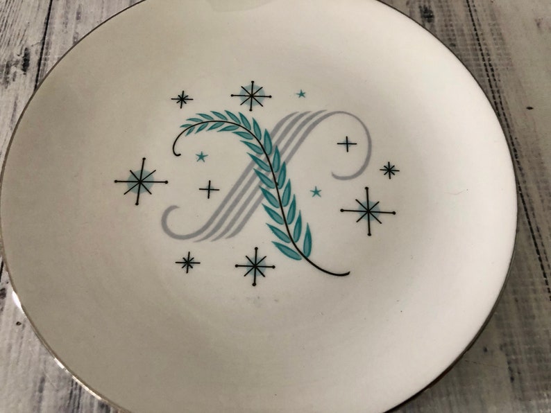 Mid Century Modern Canonsburg Blue Heaven Lunch Luncheon Salad Plate Platinum Edge Blue Black Silver Gray Atomic Starburst MCM Design