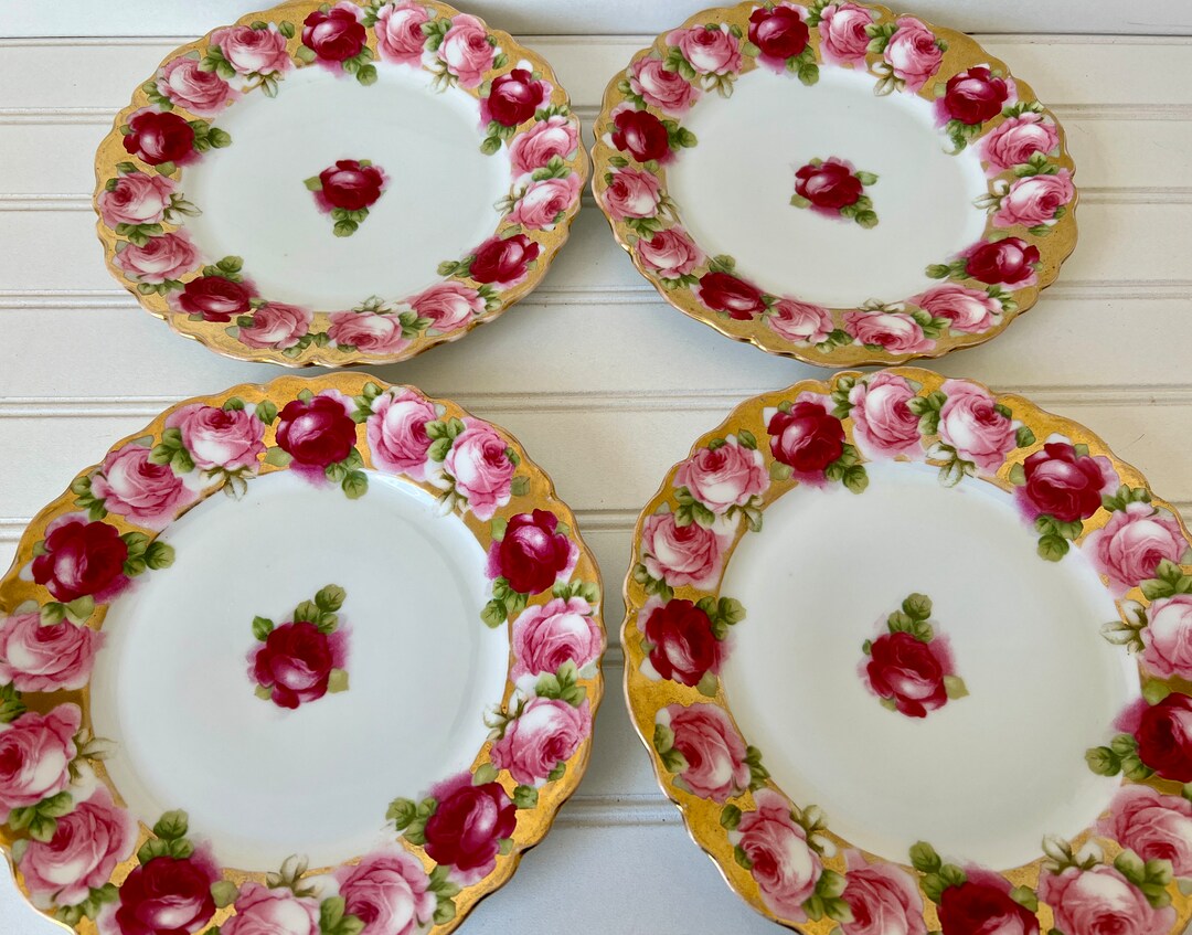 Set of Four Antique Dessert Plates Heavy Gold and Roses, O & EG Royal