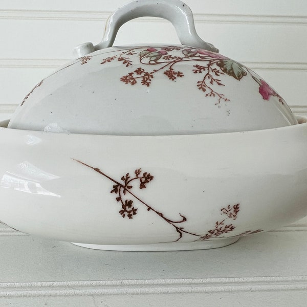 Antique Ceramic Covered Sugar Bowl, Large Size, Pretty Florals in Pink Brown and Green on White, Excellent Condition, Circa 1900. Tea Party