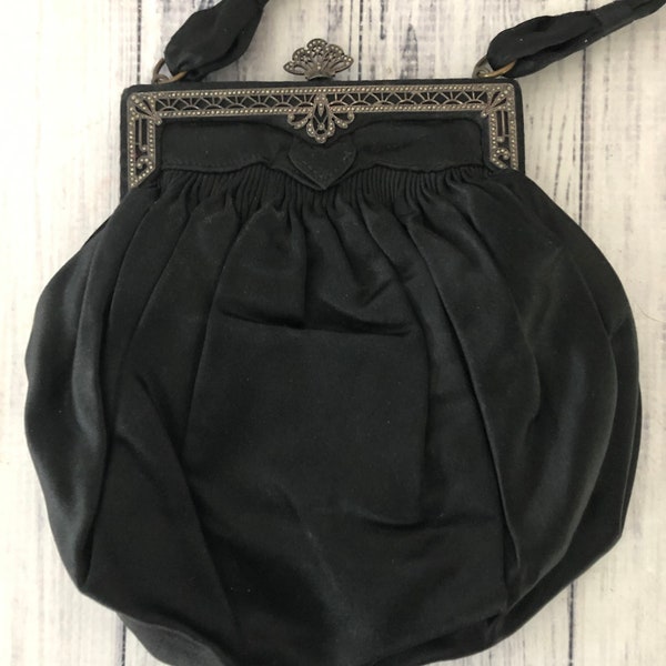 Antique Black Silk Purse Pocketbook, Black Silk With Marcasite Frame and Clasp, Downton Abbey Style Edwardian Victorian Handbag, Gorgeous