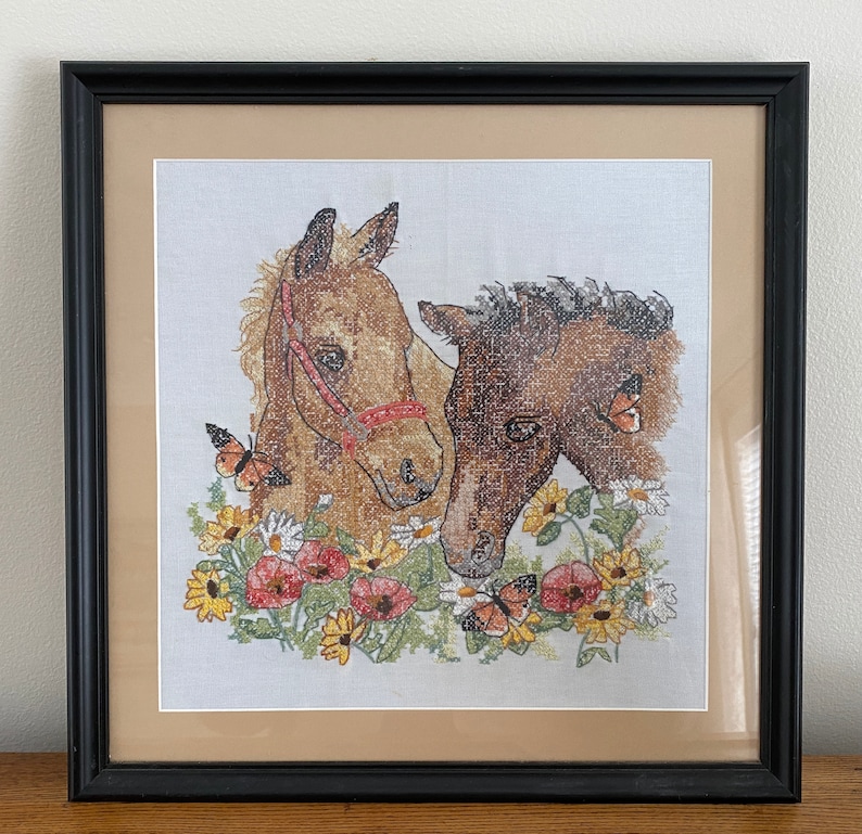 Very Sweet Perfect Horse Lover Gift Vintage Framed Cross Stitch of Two Horses Foals With Flowers Poppies and Daisies With Butterflies