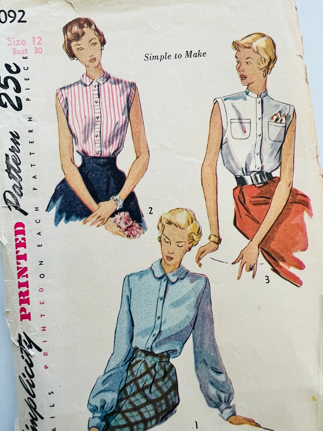 Vintage Simplicity Blouse Sewing Pattern 3092 Copyright 1949 Misses