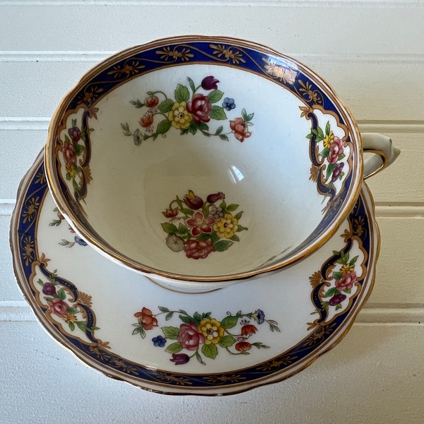 Vintage Teacup and Saucer Tuscan Fine English Bone China, Beautiful Cobalt Blue with Florals & Gold Trim Makes a Perfect Tea Lover Gift