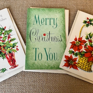 Vintage 1950s Christmas Cards Three Unused with Envelopes, USA Made Vintage Mid Century Holiday Christmas Cards Garlands Collectible Cards