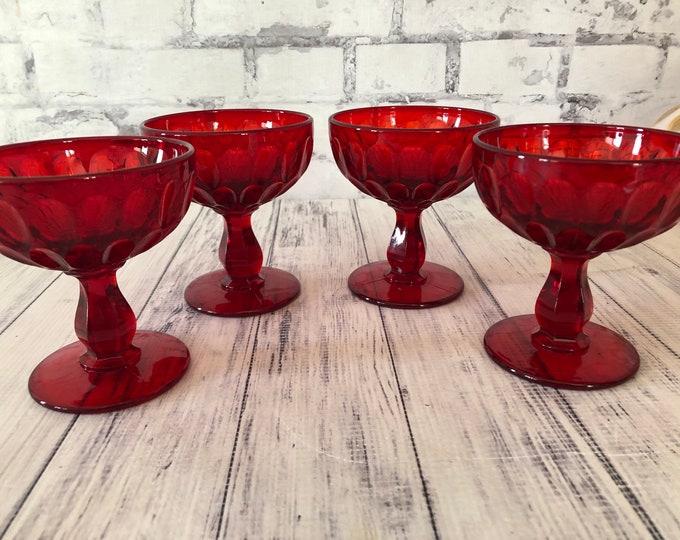Vintage Red Glass Dessert Dishes, Footed Ruby Red Dessert Compotes, Set