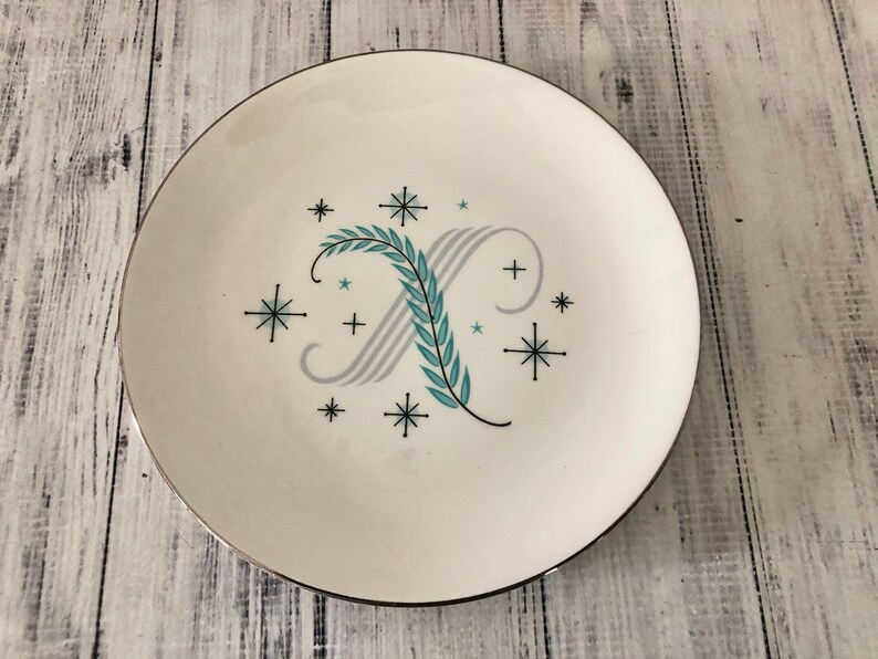 Mid Century Modern Canonsburg Blue Heaven Lunch Luncheon Salad Plate Platinum Edge Blue Black Silver Gray Atomic Starburst MCM Design