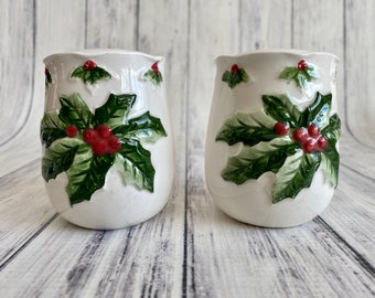 Vintage Christmas Salt and Pepper Shaker Set Mary Ann Baker for Otagari Japan, Holly and Berries On White Ceramic Mid Century Christmas 1960