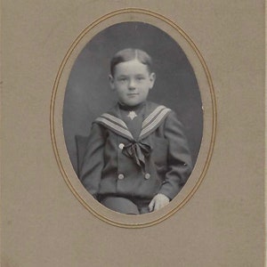 Antique Photograph Portrait of Victorian Era Boy Male Child in Sailor Suit Black and White Sepia Cabinet Card CT Estate Find Circa 1890s