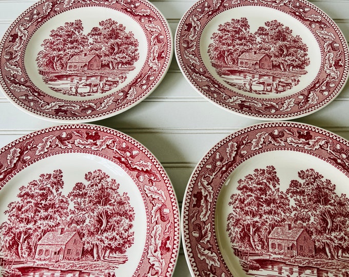Vintage Red White Dishes Memory Lane by Royal Set of Four Dinner Plates