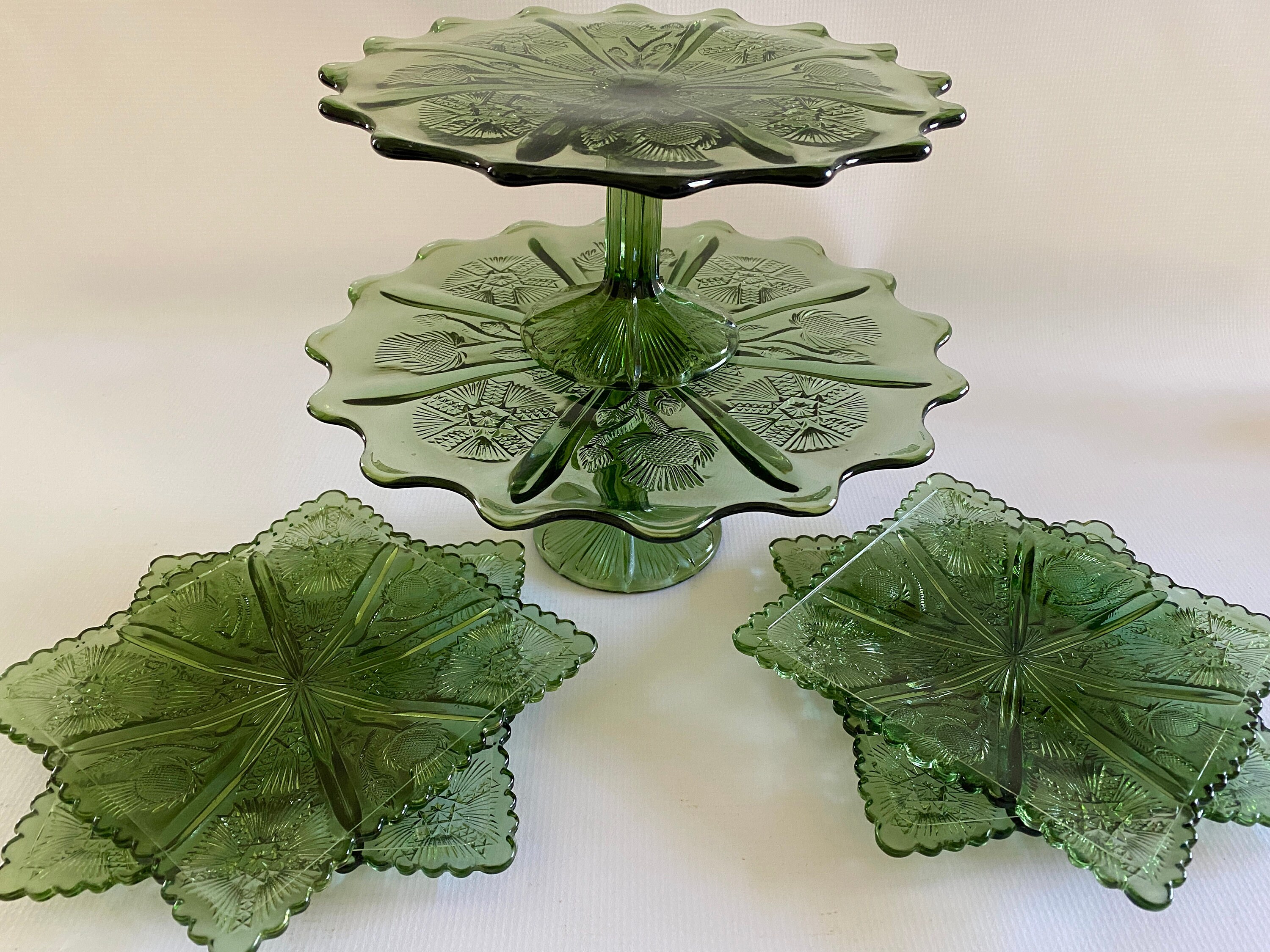 Green Pressed Glass Cake Stand Set Two Cake Stands and Four Etsy