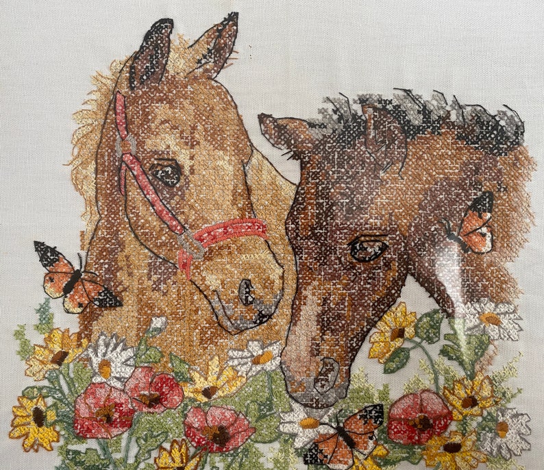 Very Sweet Perfect Horse Lover Gift Vintage Framed Cross Stitch of Two Horses Foals With Flowers Poppies and Daisies With Butterflies