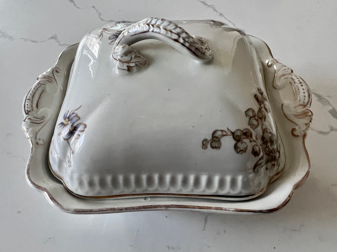 Antique 1890s Transferware Covered Butter Dish Tray John Maddock Royal