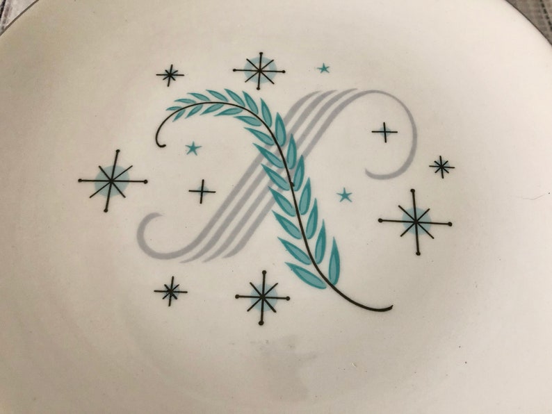 Mid Century Modern Canonsburg Blue Heaven Lunch Luncheon Salad Plate Platinum Edge Blue Black Silver Gray Atomic Starburst MCM Design