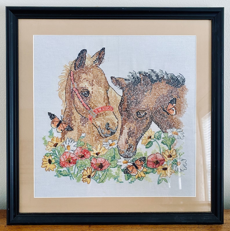 Very Sweet Perfect Horse Lover Gift Vintage Framed Cross Stitch of Two Horses Foals With Flowers Poppies and Daisies With Butterflies