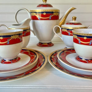 Stunning Sorelle Porcelain Dessert Set for Two, Coffee Pot, Sugar Bowl, Creamer, Cups, Dessert Plates, Red Blue and Gold on White Porcelain