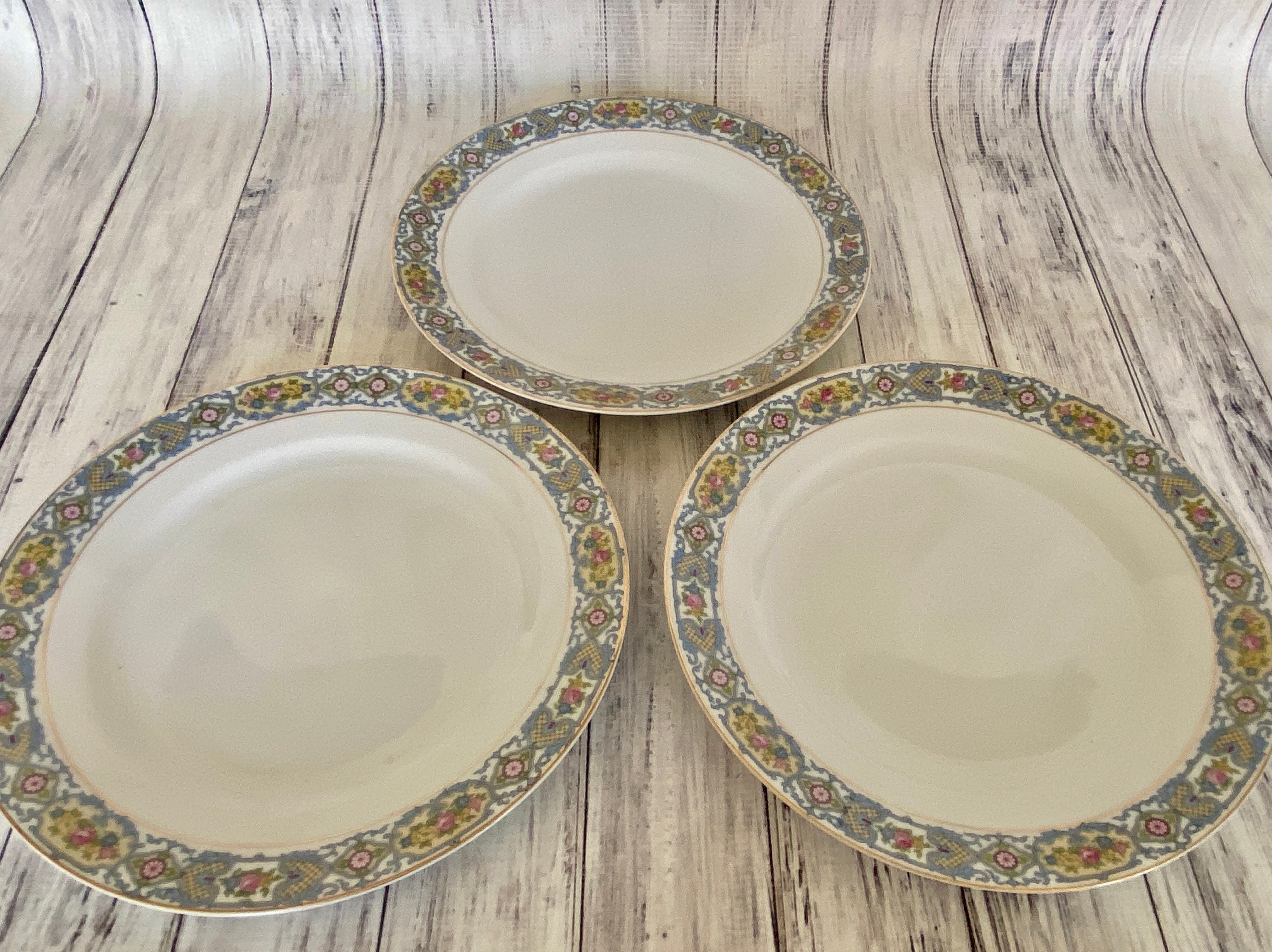 Antique Noritake China Set The Coniston Set of Three Dinner Plates Plates 1920s Blue and Pink Florals Hearts Scrolls