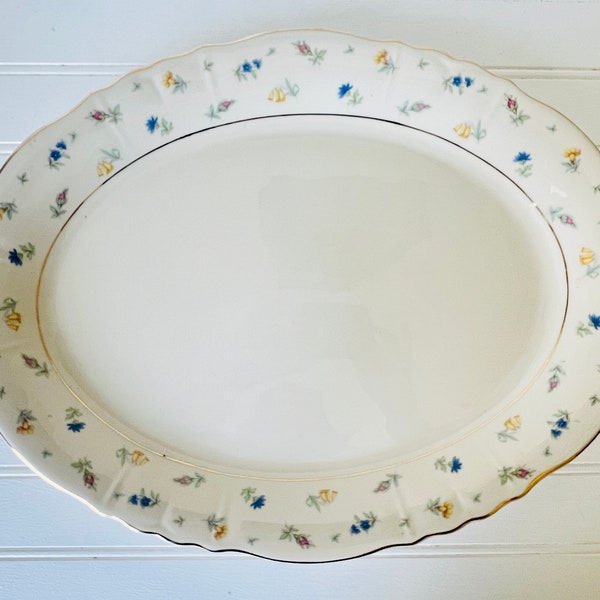 Syracuse Suzanne Floral Pattern China 14" Serving Platter Small Pink Blue and Yellow Flowers with Gold Trim, Made in USA