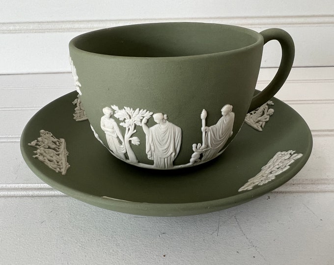 Wedgwood Green Jasperware Teacup and Saucer Set, Cream Figures on Green