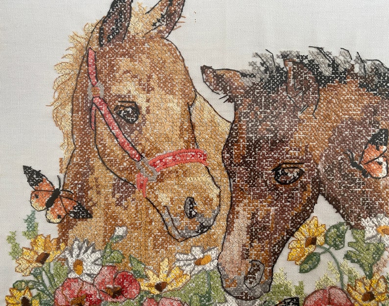 Very Sweet Perfect Horse Lover Gift Vintage Framed Cross Stitch of Two Horses Foals With Flowers Poppies and Daisies With Butterflies