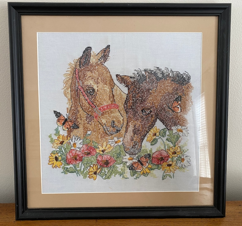 Very Sweet Perfect Horse Lover Gift Vintage Framed Cross Stitch of Two Horses Foals With Flowers Poppies and Daisies With Butterflies