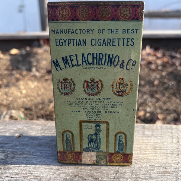 Vintage Cigarette Tin M Melachrino & Co Egyptian Cigarettes Cairo Egypt Circa 1910 Super Graphics, Large Size, Tobacianna Tin Collector Gift