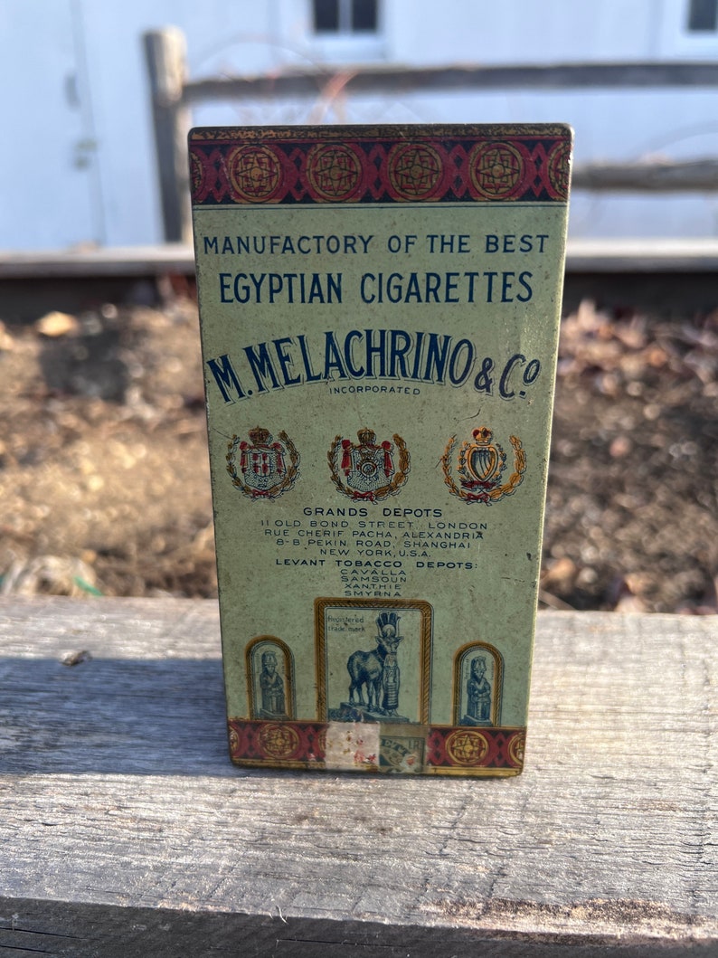 Vintage Cigarette Tin M Melachrino & Co Egyptian Cigarettes Cairo Egypt Circa 1910 Super Graphics, Large Size, Tobacianna Tin Collector Gift image 1