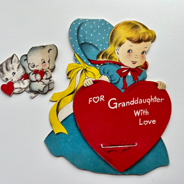 Vintage Valentine for Granddaughter Folding Book Style, Girl with Removable Kitten & Elephant, Collectible 1950s Child's Valentine Norcross