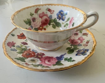 Vintage Teacup Tea Cup Saucer Set Copeland Grosvenor Cabbage Roses in Pink and Blue English Bone China Tea Lover Gift Very Pretty