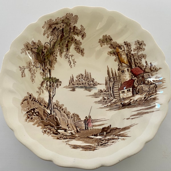 Vintage Johnson Brothers The Old Mill Pattern Round Serving Bowl, Brown Ironstone Transfer Ware Multi Color Mill Scene, Made England