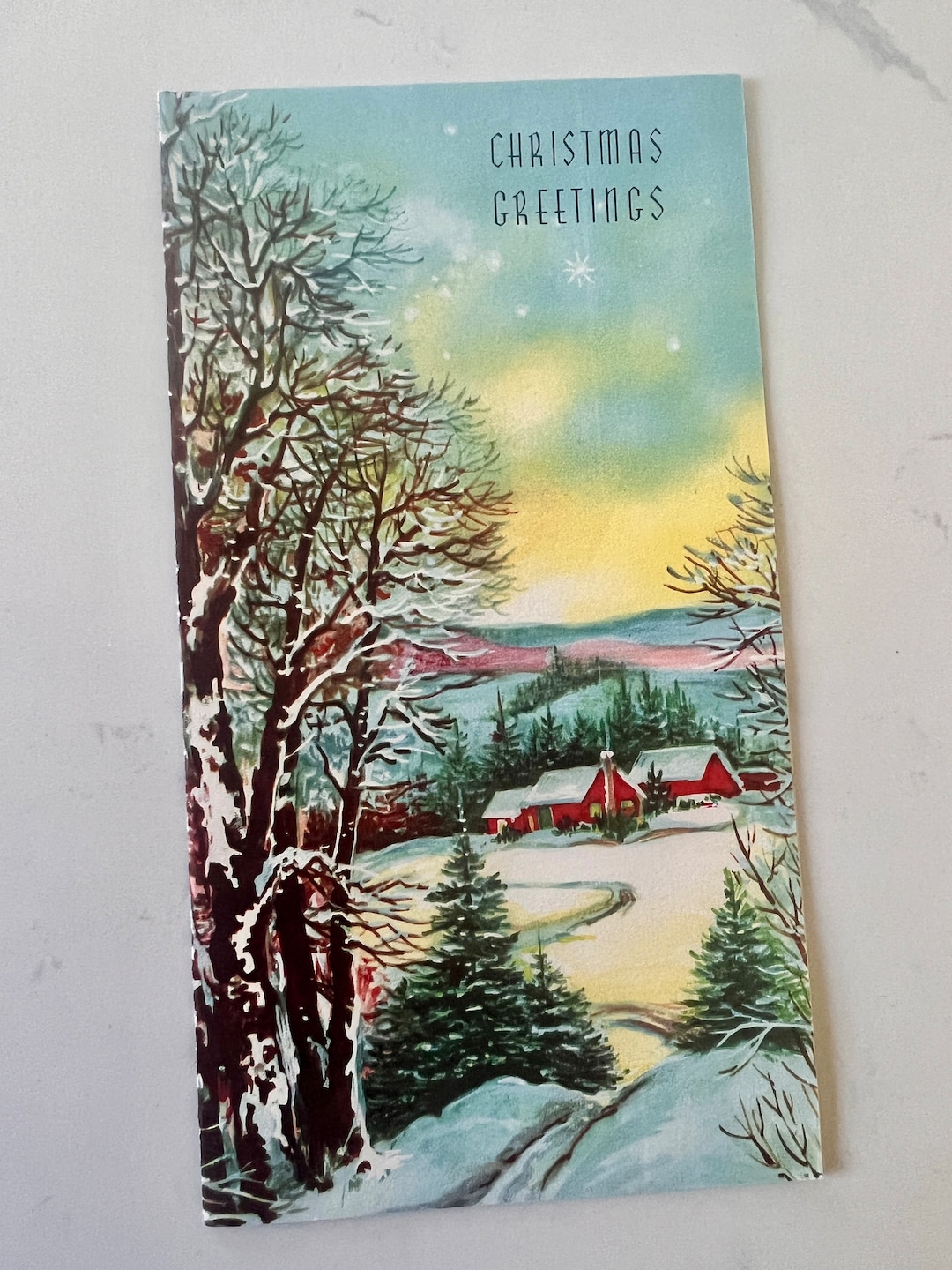 Vintage 1950s Christmas Holiday Card Snow Covered Hills House and Red ...
