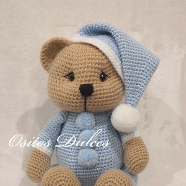 Sleepyhead Bear, amigurumi PDF crochet pattern in English and Spanish