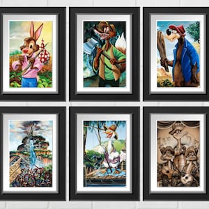 VINTAGE Set of 6 Disney Splash Mountain Ride Painting Prints Brer Bear Fox Rabbit Swamp Boys Goose WDW 8x10 11 x 14 11x17 13x19