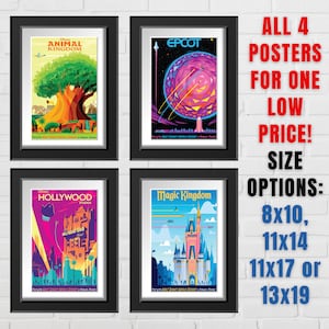 VINTAGE Set of 4 WDW 40th Anniversary Posters Magic Kingdom Animal Kingdom Epcot Hollywood Studios 8x10 11 x 14 11x17 13x19