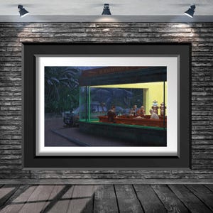 Jurassic Park Nighthawks at Hammond&#39;s version 1 Parody Hopper 8x10 11x14 11x17 13x19 Alan Grant Ellie Sattler Ian Malcolm