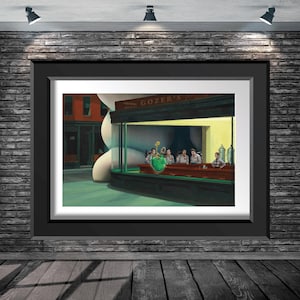 May include: Framed print of Edward Hopper's "Nighthawks" painting. The artwork depicts a diner with patrons and staff under bright lighting. The diner's sign reads "GOZER'S". The scene is set at night with a street view.