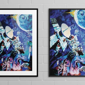 May include: A framed print of a colorful, abstract painting depicting a space scene with a satellite, astronauts, and a planet. The painting is set against a dark blue background with stars and a swirling nebula.