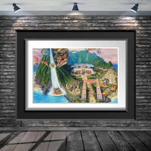 May include: A colorful illustration of a Jurassic Park map, featuring a green dinosaur head, a waterfall, and a path leading to the Jurassic Park sign.