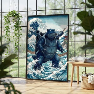 May include: A framed rectangular wall art print featuring a dark blue, bipedal turtle creature with two large cannons on its back, standing amidst stylized crashing ocean waves, with a distant mountain and traditional architecture in the background.