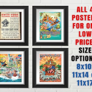 VINTAGE Set of 4 Disney Splash Mountain Attraction Posters 25th Anniversary Rabbit Tales 50ft Plunge Warning 8x10 11 x 14 11x17